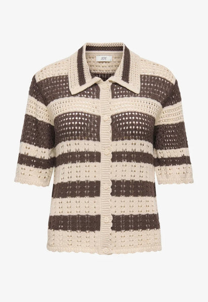 JDY Short Sleeve Stripe Polo Knit Button Front Top In Brown
