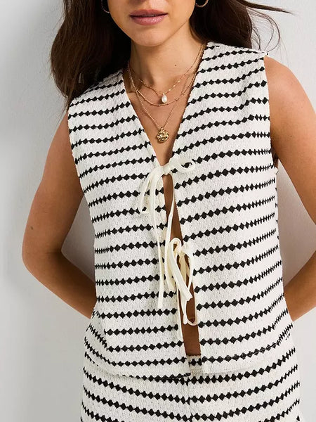 Only Tie Front Waistcoat & Wide Leg Knit Trouser Co-ord Set In Black Stripe - Items Sold Separately