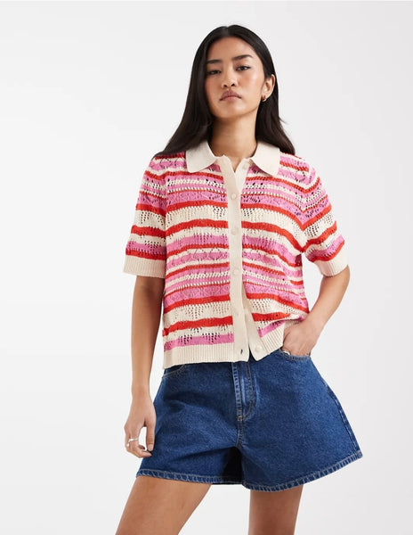 Only Short Sleeve Crochet Polo Knit Top In Pink