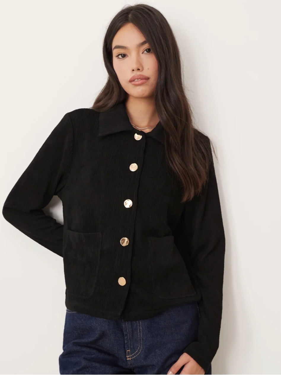 Vila Collared Polo Gold Button Detail Cardigan In Black