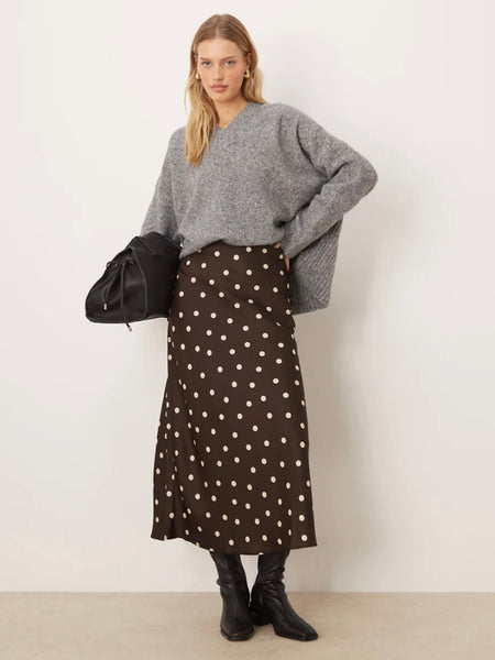 JDY Polka Dot Midi Length Satin Skirt In Chocolate Brown