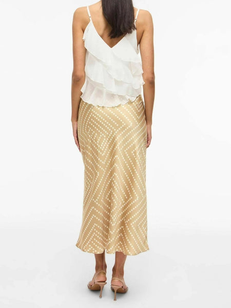 Vila High Waist Satin Midi Skirt In Birch Polkadot