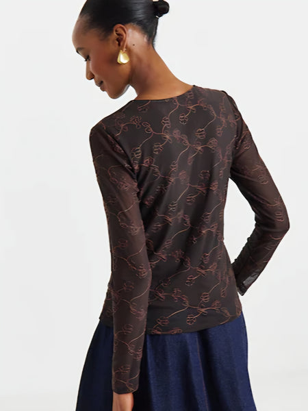 JDY Embroidered Long Sleeve Round Neck Top In Brown