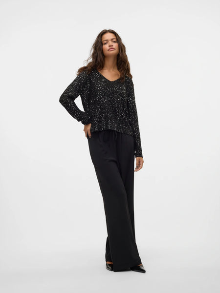VM Sequin Vneck Knit Pullover In Black