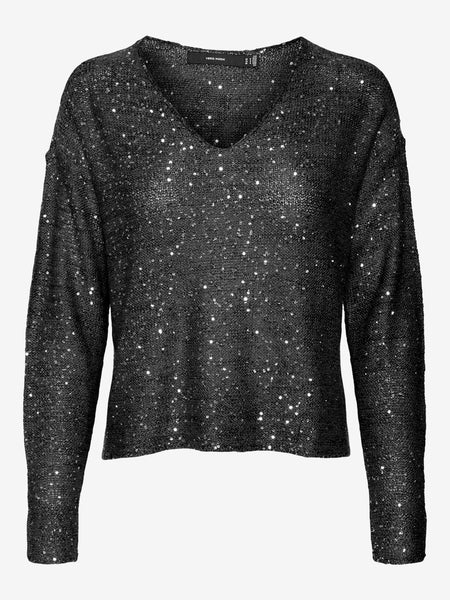 VM Sequin Vneck Knit Pullover In Black