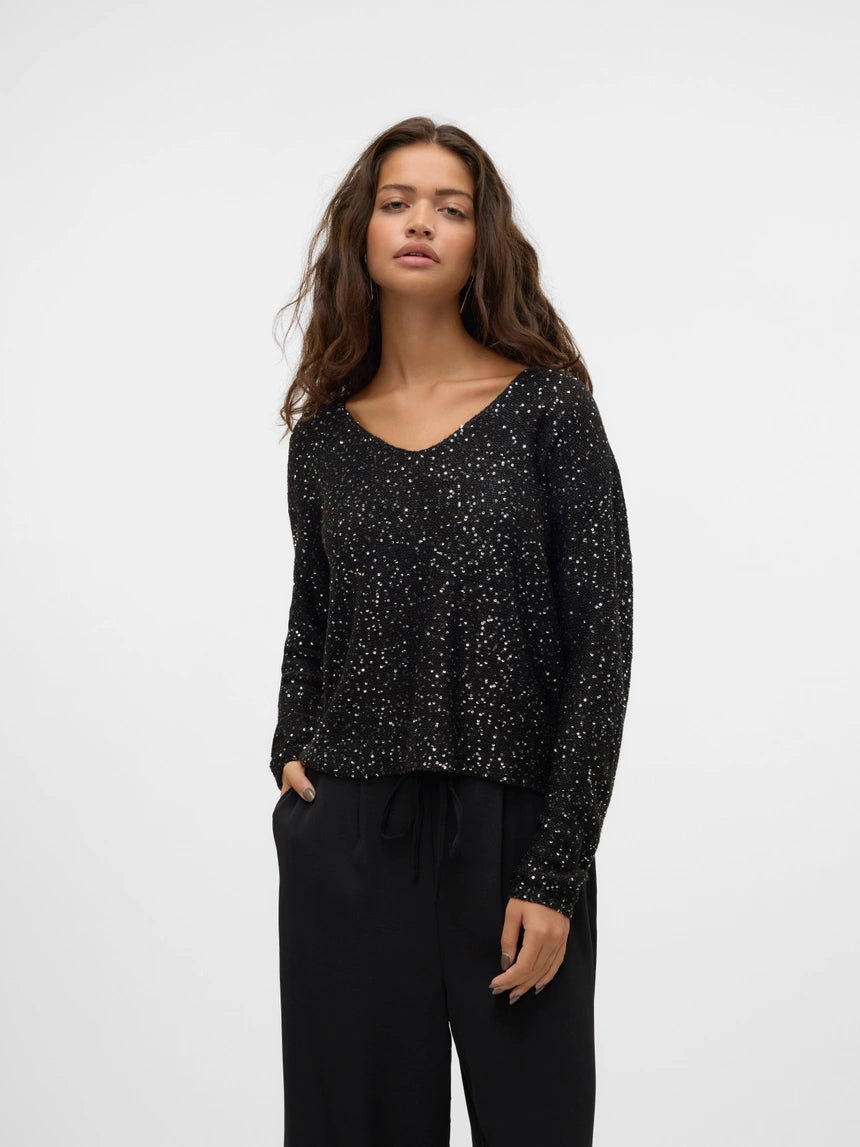 VM Sequin Vneck Knit Pullover In Black
