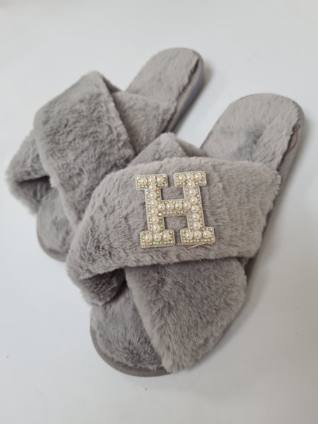 Personalised Pearl Initial Faux Fur Slippers In Grey