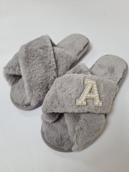 Personalised Pearl Initial Faux Fur Slippers In Grey