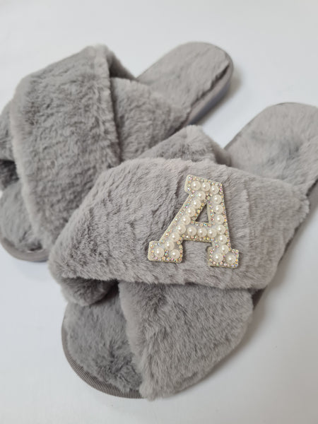 Personalised Pearl Initial Faux Fur Slippers In Grey