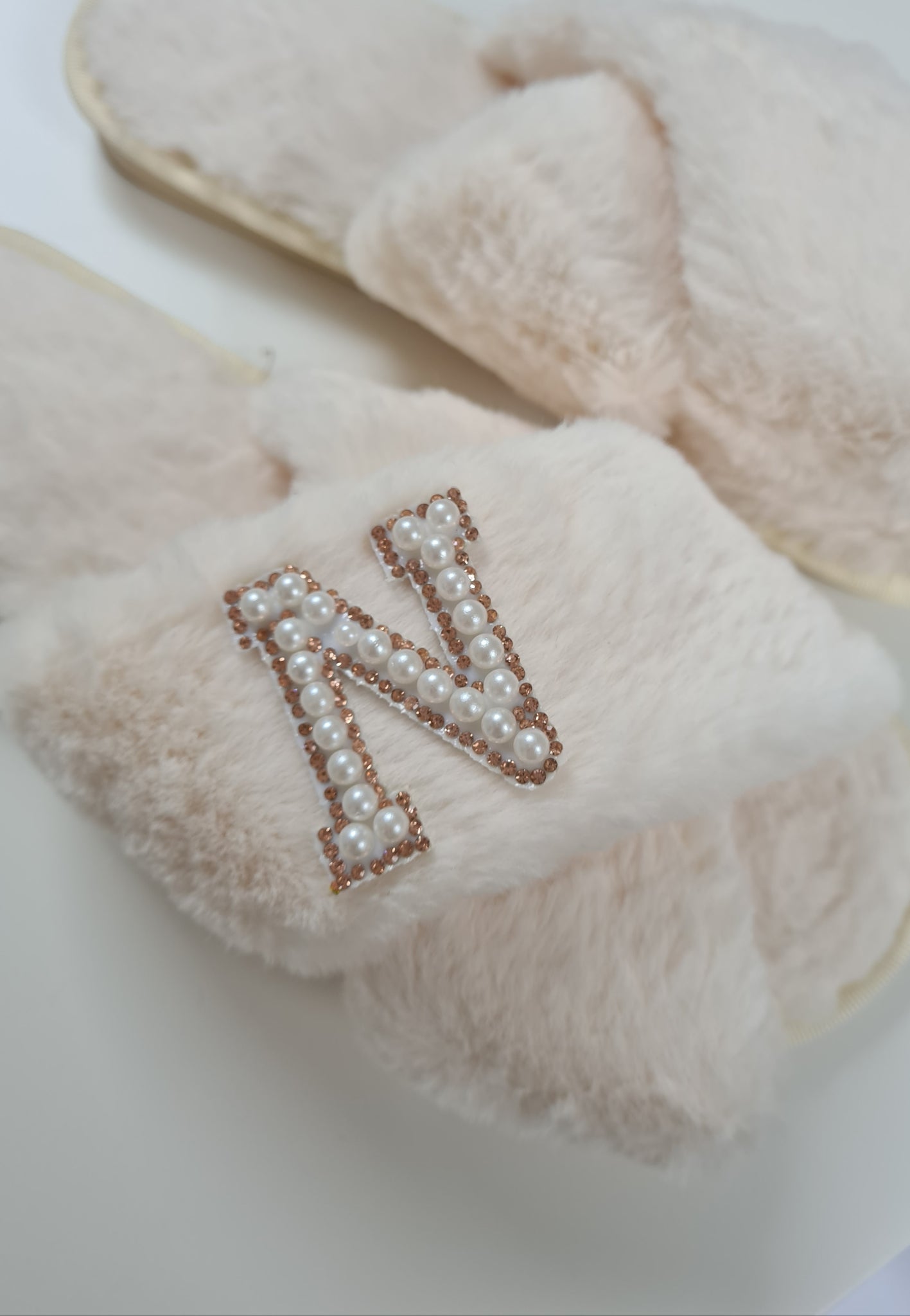 Personalised Pearl Initial Faux Fur Slippers In Cream New Mode