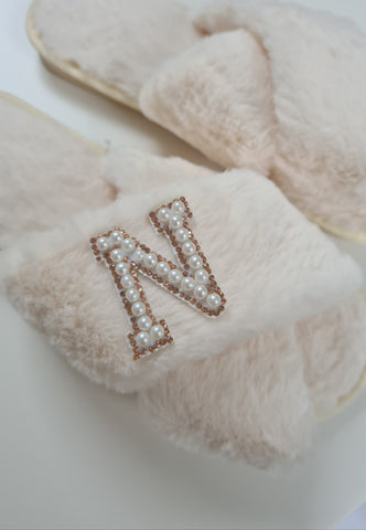 Personalised Pearl Initial Faux Fur Slippers In Cream