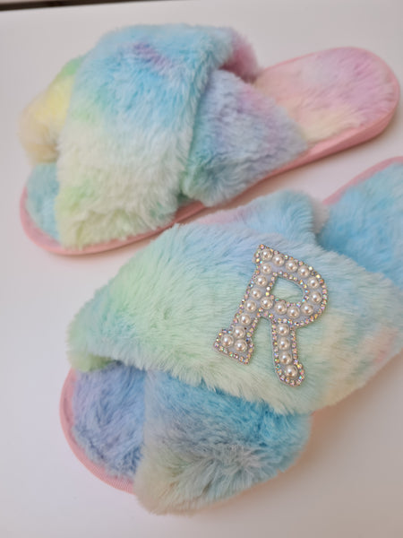 Rainbow Personalised Pearl Initial Faux Fur Slippers