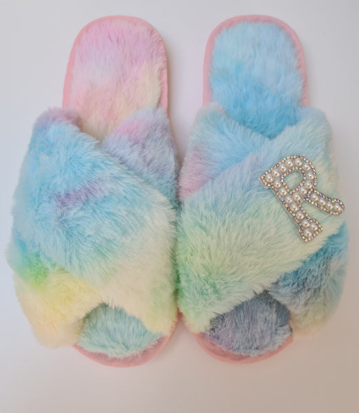 Rainbow Personalised Pearl Initial Faux Fur Slippers