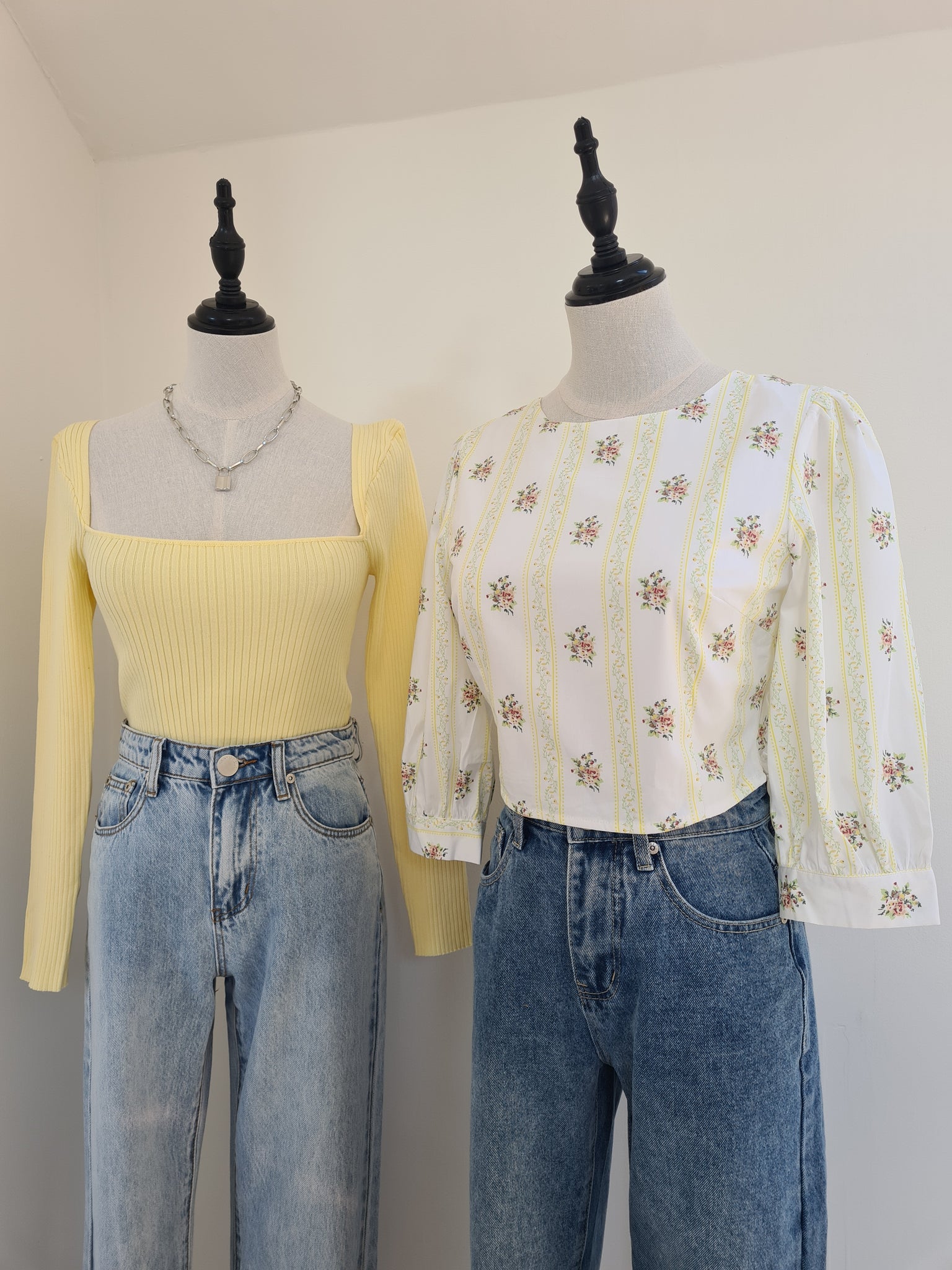 White Yellow Ditsy Tie Back Cropped Blouse