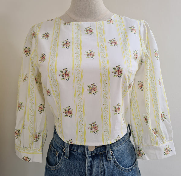 White Yellow Ditsy Tie Back Cropped Blouse