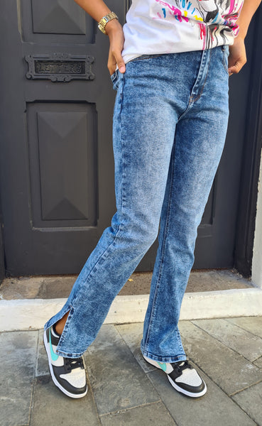 Acid Blue Straight Leg Slit Jeans
