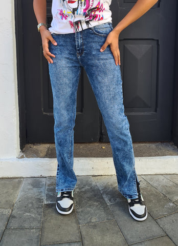 Acid Blue Straight Leg Slit Jeans