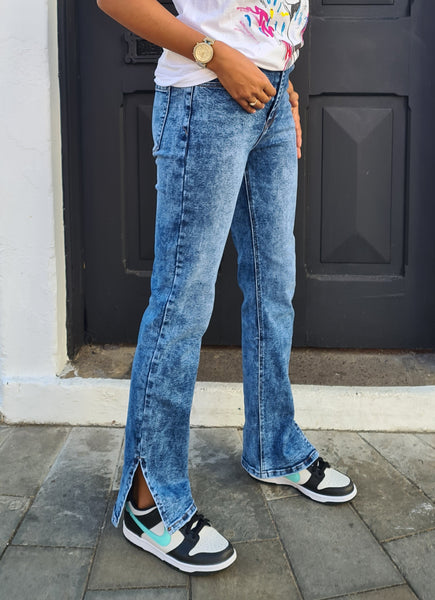 Acid Blue Straight Leg Slit Jeans