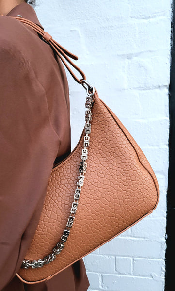 Textured Faux Leather Shoulder Bag In Tan