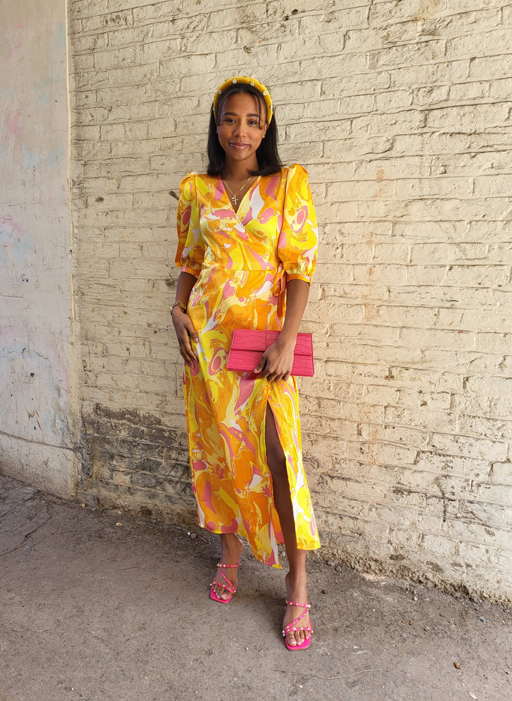 Vila Orange Abstract Satin Wrap Midi Dress New Mode Boutique