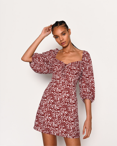 Ditsy Print Milkmaid Dress With Puff Sleeves