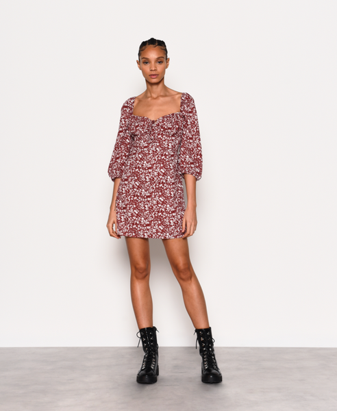 Ditsy Print Milkmaid Dress With Puff Sleeves