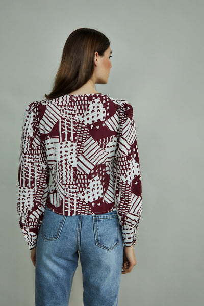 Glamorous Burgundy Abstract Print Top