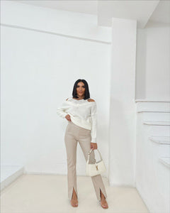 Split Front High Waist Leather Look Trousers In Cream