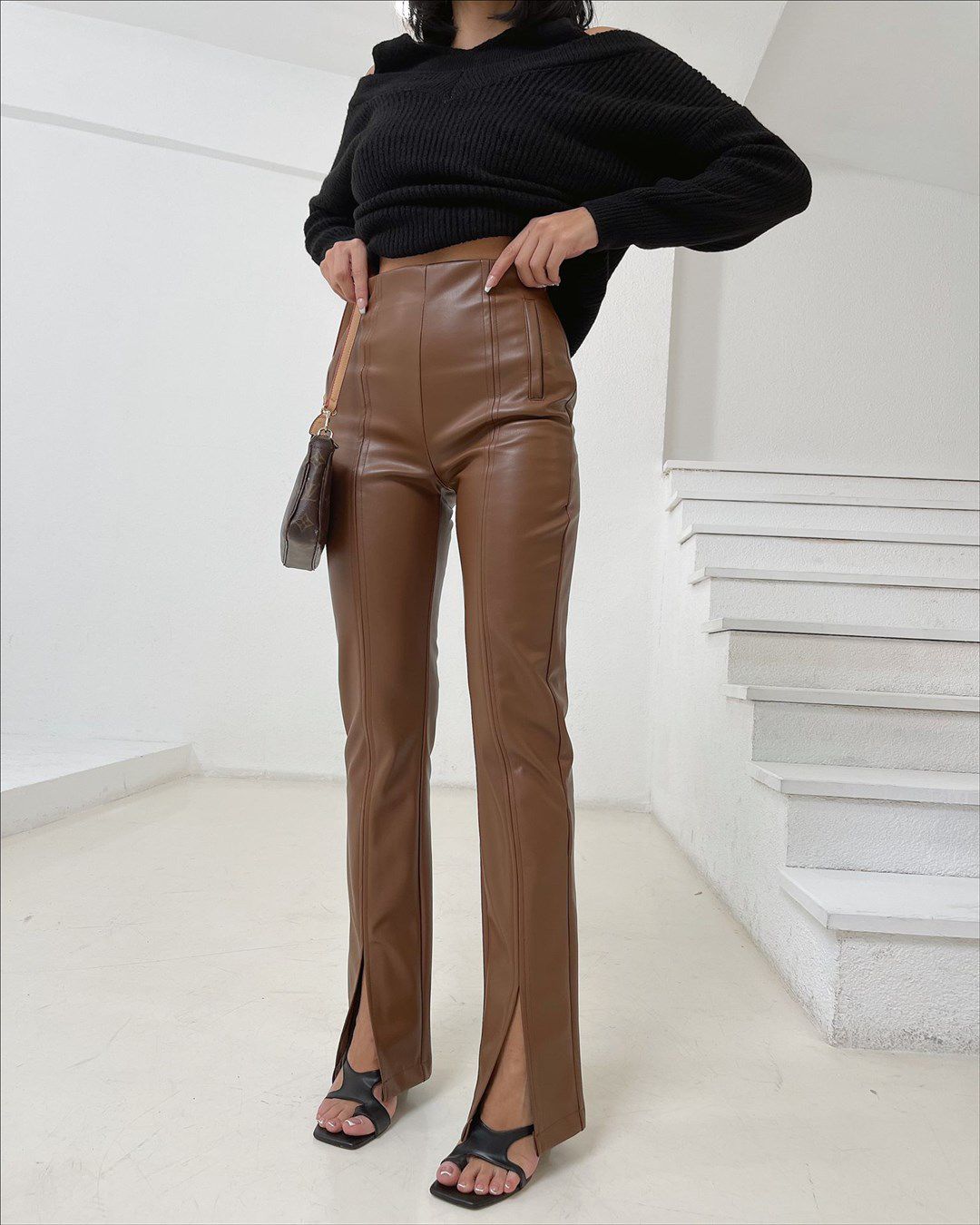Split Front High Waist Leather Look Trousers In Brown