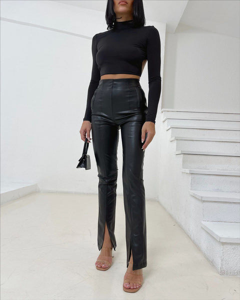 Split Front High Waist Leather Look Trousers In Black