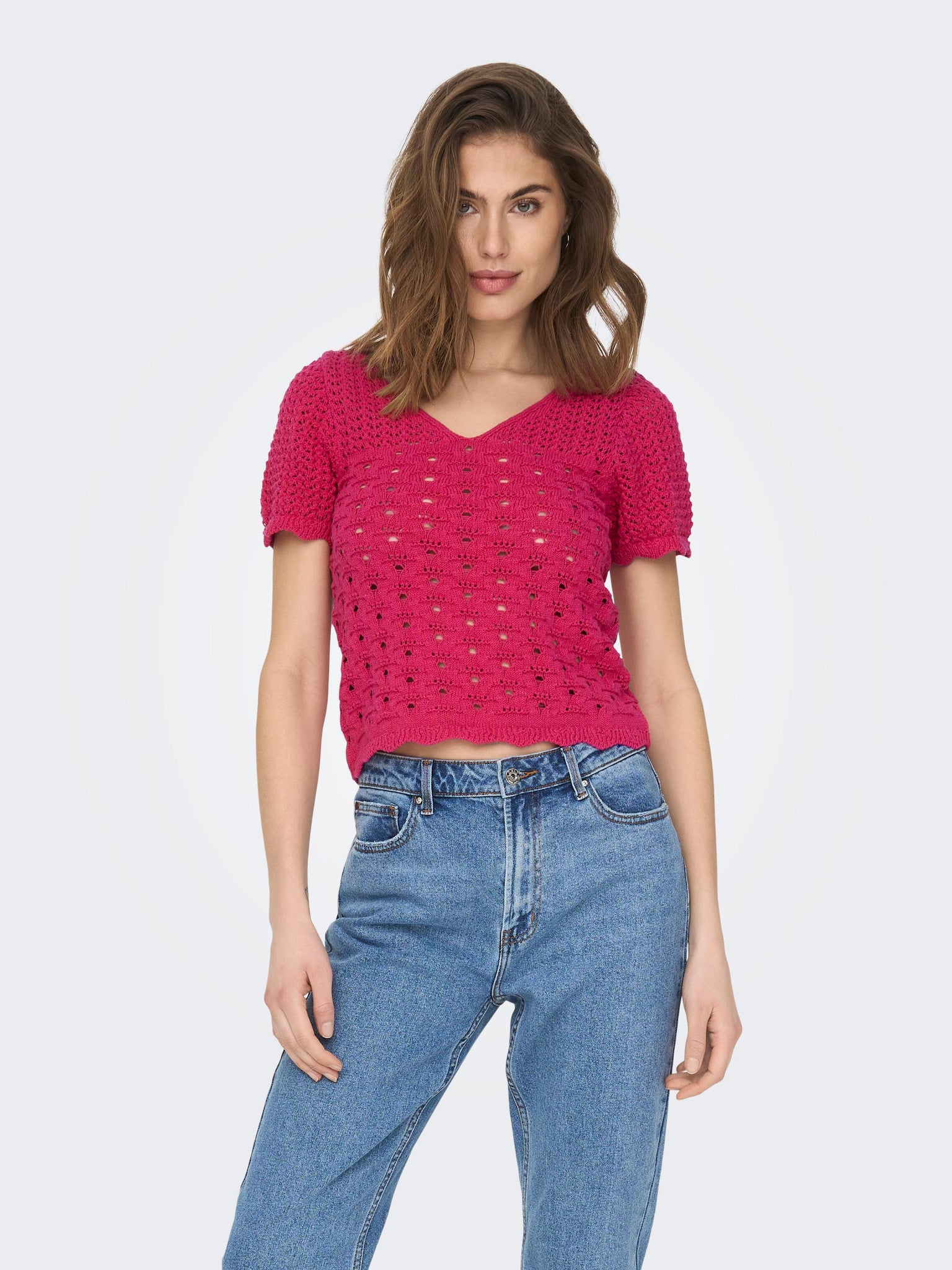 Only Crochet Short Sleeve Top In Berry