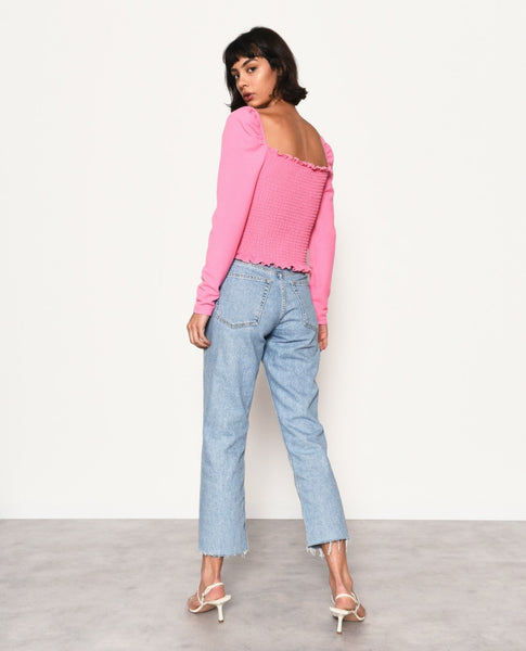 Pink Shirred Long Sleeve Top