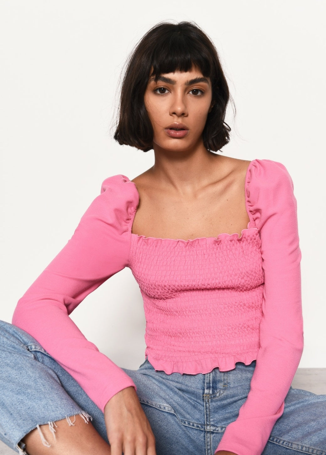 Pink Shirred Long Sleeve Top