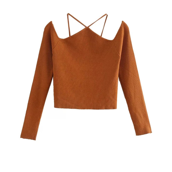 Cut Out Ribbed Top In Burnt Orange