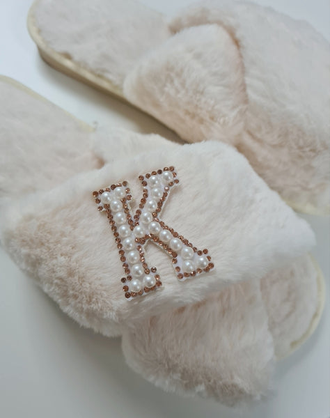 Personalised Pearl Initial Faux Fur Slippers In Cream