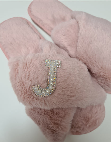 Personalised Pearl Initial Faux Fur Slippers In Pink