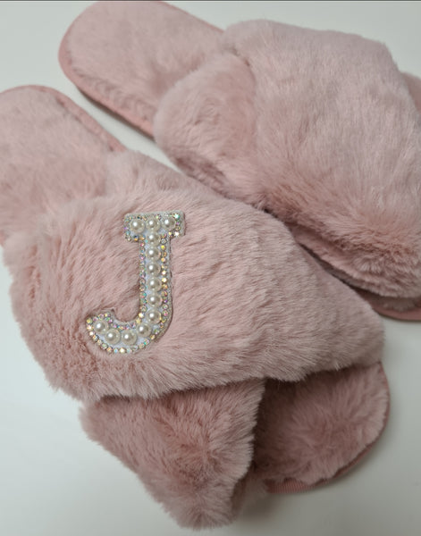 Personalised Pearl Initial Faux Fur Slippers In Pink