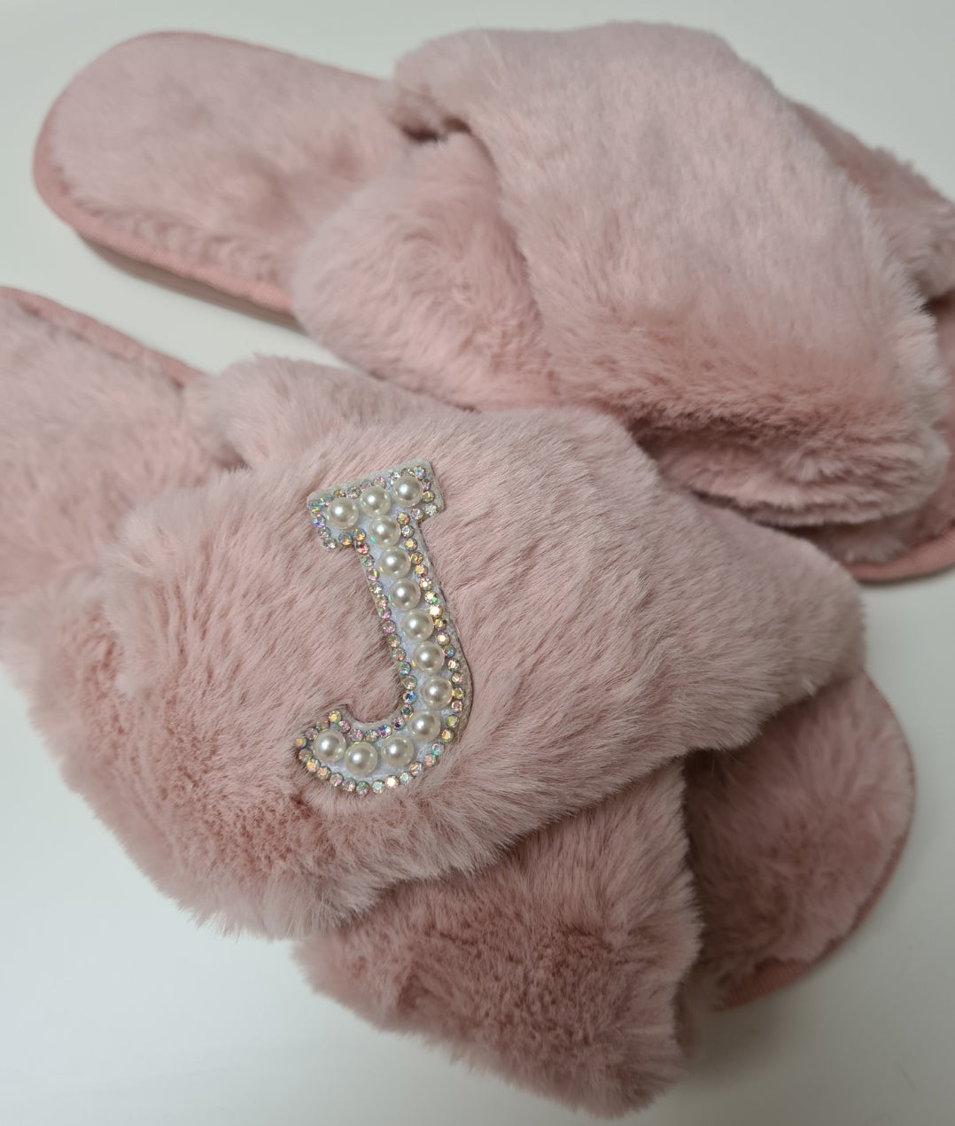 Personalised Pearl Initial Faux Fur Slippers In Pink