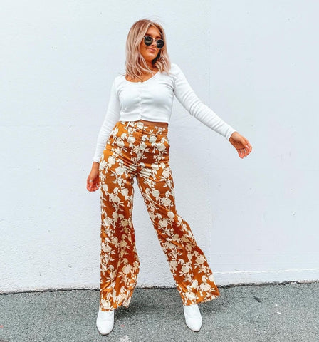 Wide Leg Satin Floral Trousers