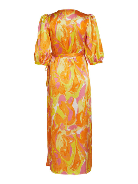 Vila Orange Abstract Satin Wrap Midi Dress