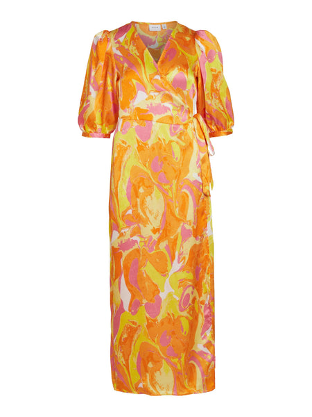 Vila Orange Abstract Satin Wrap Midi Dress