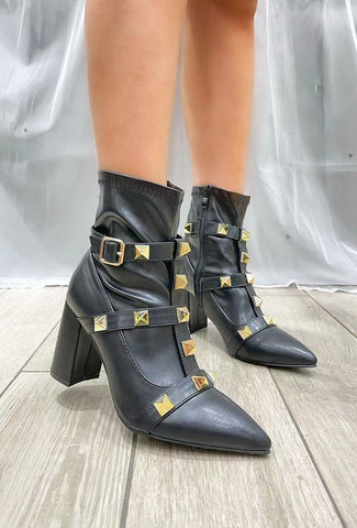 Black Gold Studded Block Heel Boots
